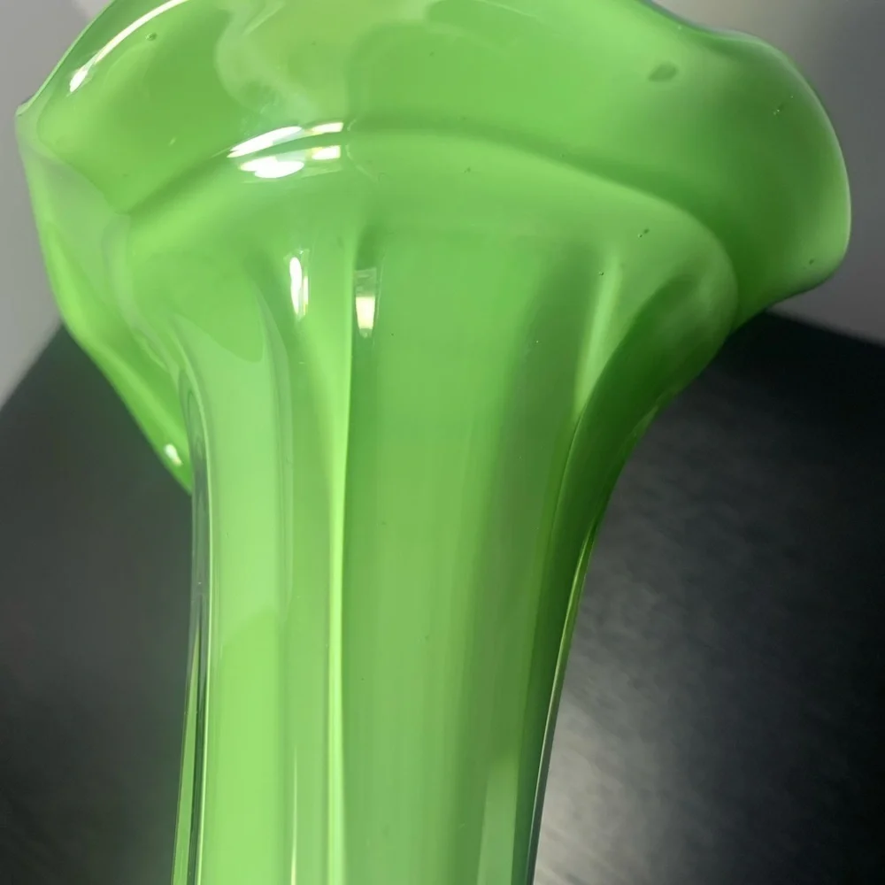 Hand Blown Murano Styled Art Glass Trumpet Tulip Vase Lime Green Blue